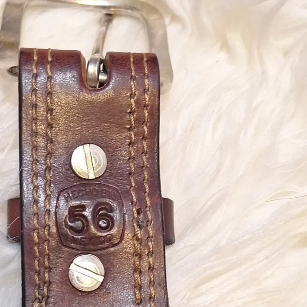 Brown Genuine Leather Belt Double Stitch Silver Tone Buckle Classic SzL 56